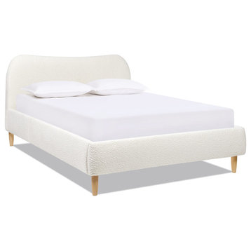 Roman Curved Upholstered Platform Bed, Ivory White Boucle, Queen
