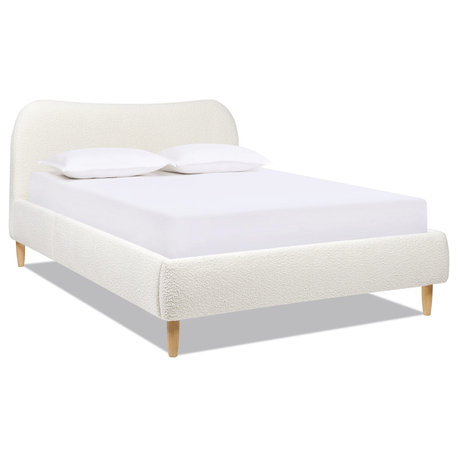 Roman Curved Upholstered Platform Bed, Ivory White Boucle, Queen