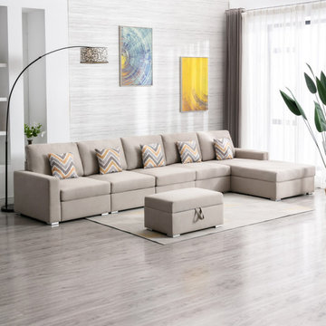 Nolan 152" Linen 6Pc Reversible Sectional Sofa Chaise with Interchangeable Legs,