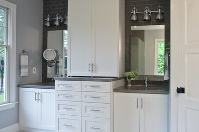 Bathroom - large transitional master gray tile and subway tile marble floor bathroom idea in Baltimore with shaker cabinets, white cabinets, a one-piece toilet and gray walls