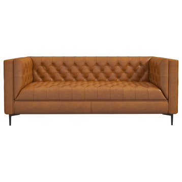Augustus Mid-Century Modern Luxury Chesterfield Genuine Leather Sofa, Cognac