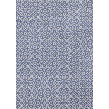 Cabana Collection Blue Damask Pattern Outdoor Rug, 5'3"x7'7"