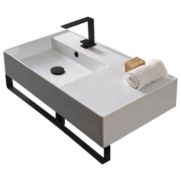 Rectangular Ceramic Wall Mounted Sink With Matte Black Towel Bar, One Hole