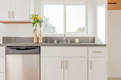 Inspiration for a mid-sized modern galley light wood floor and brown floor enclosed kitchen remodel in Los Angeles with a double-bowl sink, shaker cabinets, white cabinets, solid surface countertops, stainless steel appliances, white backsplash, no island and gray countertops