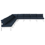 Meridian Furniture - Nizuc Water Resistant Patio L-Shaped Modular Sectional, Navy, 9-Piece: 8 Armless Chair, 1 Corner Chair, White Aluminum Frame - Pick and choose your favorites from the Nizuc collection to create a modular seating group the whole gang will enjoy. The sturdy aluminum frame provides dependable support for friends and family as they relax and unwind, and the resilient navy water resistant fabric stands up to the elements without losing its beautiful demeanor, so you can count on it lasting for the long haul. Latches beneath these seating pieces help you easily attach them to one another for convenient setup.