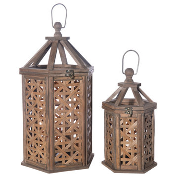 Lantern with Ring Handle and Covered Lattice Body Natural Brown Finish, Set of 2