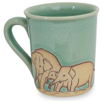 Blue Elephant Family Celadon Ceramic Mug