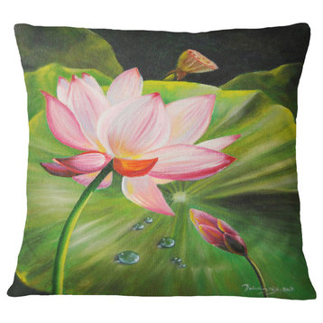 Lotus And Water Drops Floral Painting Throw Pillow, 16"x16"