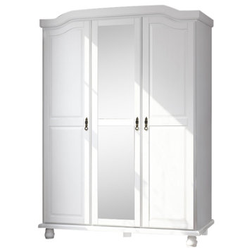 100% Solid Wood Kyle 3-Door Wardrobe With Mirror, White