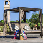 Moda Furnishings - 2-Person Steal Outdoor Chaise Lounge Daybed, Gray - Enjoy lounging in your backyard with your own sun-shaded retreat with this daybed with a canopy. Featuring an adjustable canopy that provides protection from the sun from any direction along with 2 adjustable chaise lounges that create your own personal daybed. You won't feel like going inside on any Summer days with this personal retreat. Chairs feature high-quality steel frames, with supportive cushioning for true countryside rest and relaxation. Seat cushions come in soft, all-weather polyester that is stain-, mildew- and fade-resistant. All contents are packed in 1 box. Light assembly required.