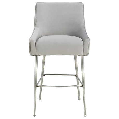 Beatrix Pleated Light Grey Velvet Bar Stool