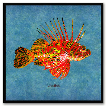 Lionfish Animal Blue Print on Canvas with Picture Frame, 15"x15"