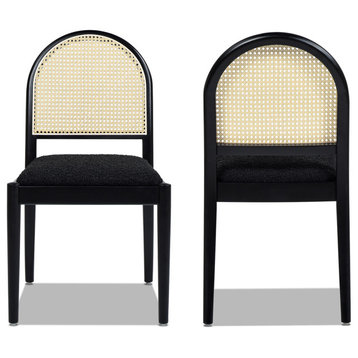 Panama 18.5" Curved Cane Rattan Side Set of 2 Dining Chair, Ebony Black Boucle