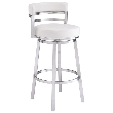 Titana 30" Bar Height Swivel White Faux Leather and Brushed Steel Bar Stool