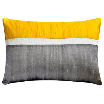 Yellow Silk Blocking Patchwork 12"x26" Lumbar Pillow Cover - Plush Yellow Silk