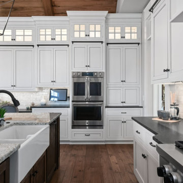 Modern Farmhouse Kitchen with Vaulted Wood-Beam Ceiling & Open-Concept Design
