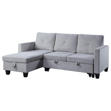 Pemberly Row Velvet Reversible Sleeper Sectional with Storage in Light Gray
