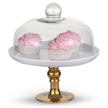 White Cake Plate, Gold Footed Cake Stand,Clear Dome, 9.8"