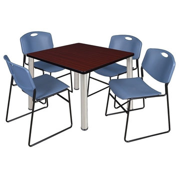 Kee 42" Square Breakroom Table, Mahogany/ Chrome and 4 Zeng Stack Chairs, Blue