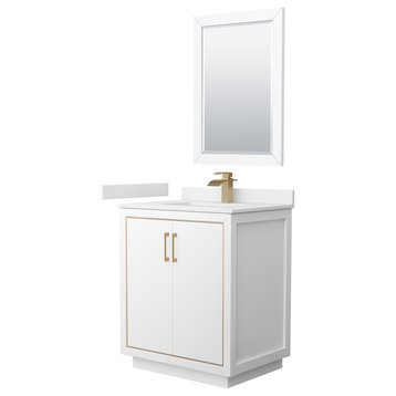 Icon 30" Single Vanity, White, White Marble Top, Bronze Trim, 24" Mirror