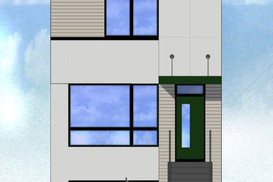 Ejemplo de fachada de casa bifamiliar multicolor y blanca minimalista de tamaño medio de tres plantas con revestimiento de aglomerado de cemento, tejado plano, techo verde y tablilla