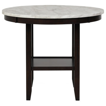 Benzara BM272104 Kate 42" Round Counter Table, Faux Marble Top, White/Espresso