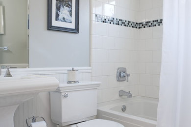 Example of a mid-sized classic mosaic tile ceramic tile bathroom design in San Francisco with a pedestal sink, a two-piece toilet and gray walls