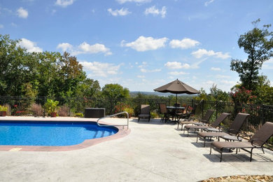 Pool - large traditional backyard custom-shaped and stamped concrete lap pool idea in Other