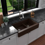 Karran USA - Karran Retrofit Farmhouse Quartz 34" Double Offset Bowl Sink, Brown - Karran retrofit farmhouse design with its shorter 6-1/2” apron blends function and form beautifully, and will look incredible in your kitchen. QAR-760 is designed with a shorter apron to allow it to simply install into a standard 36” wide sink base cabinet. This 34-inch quartz sink practical design is available in a selection of 6 elegant color choices to compliment any decor.