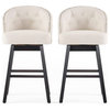 Set of 2 Bar Stool, Beige Fabric Seat With Round Button Tufted Back and Nailhead