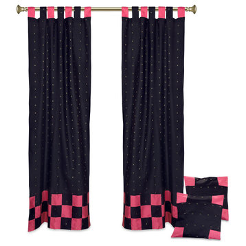 4 Pc Set Indian Sari Curtains & Cushion Covers - Boho Tab Top  - Black/Red 84"