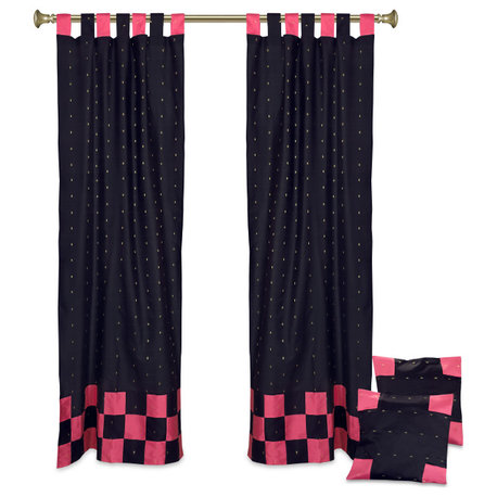 4 Pc Set Indian Sari Curtains & Cushion Covers - Boho Tab Top  - Black/Red 84"