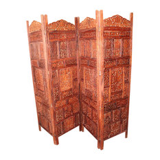 Consigned 4 Panel Hand Carved Indian Screen Headboard Brown Room Divider