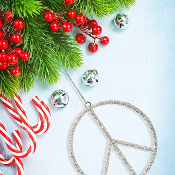 Serene Spaces Living Set of 6 Silver Hanging Peace Sign Ornaments, 5.25" Dia