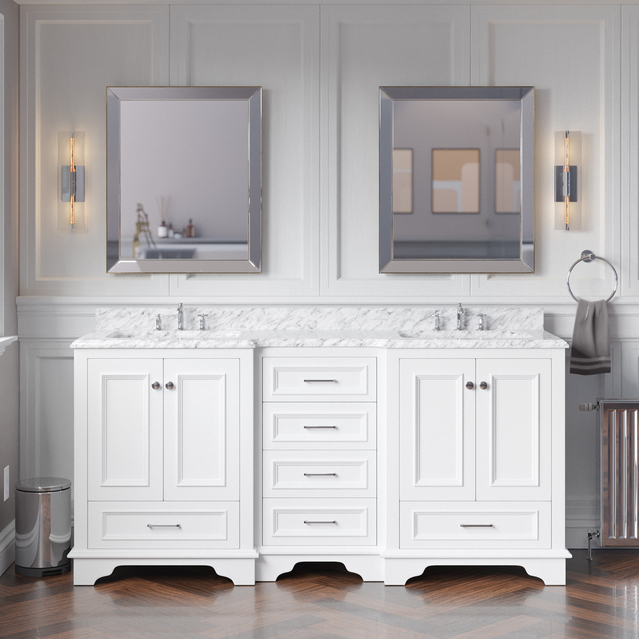 Nantucket 72" Double Bath Vanity, White, Carrara Marble