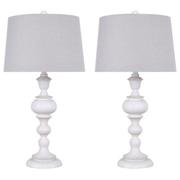 30" Distressed Off-White Polyresin Table Lamps With Taupe Linen Shades, Set of 2