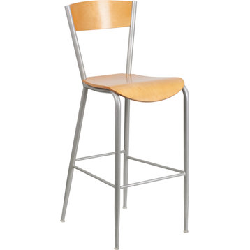 Modern Silver Metal Restaurant Barstool, Natural Wood Back and Seat