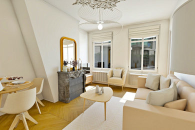 Inspiration pour un salon beige et blanc nordique de taille moyenne avec une cheminée standard et un manteau de cheminée en pierre de parement.