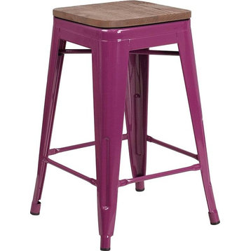 24" High Backless Purple Counter Height Stool With Square Wood Seat