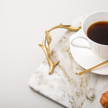WHITE MARBLE SERVICE TRAY WITH GOLD BRASS HANDLES