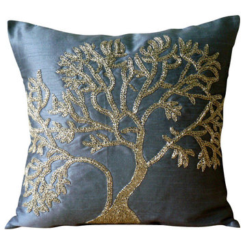 Blue Beaded Tree 16"x16" Silk Pillows Cover, Paradise Tree
