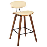 Armen Living - Fox 26" Mid-Century Counter Barstool, Cream Faux Leather With Walnut Wood - The Armen Living Fox mid-century barstool is a sophisticated and functional contemporary piece certain to enhance the aesthetic of the modern home. The Fox's frame and legs are made of a durable plywood while the back and seat are upholstered in cream faux leather. The modern barstool includes a metal footrest that allows for added comfort and style. The Fox is available in 26 inch counter and 30 inch bar height.