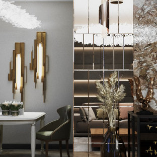 Inspiration for a large contemporary enclosed living room in Other with brown walls, light hardwood floors, a ribbon fireplace, a wall-mounted tv, beige floor, recessed and decorative wall panelling.