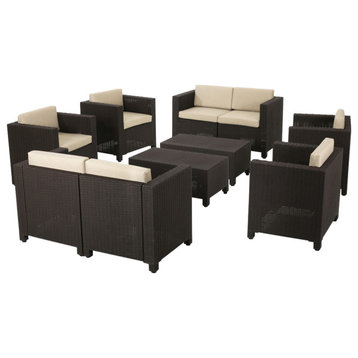 Dimitri Outdoor Faux Wicker 8-Seater Chat Set With Cushions, Dark Brown/Beige
