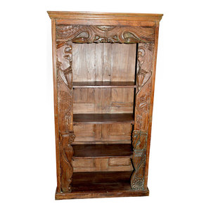 Mogul Interior - Consigned Antique Wood Hand-Carved Bookcase With Chakra Borders - Bookcases