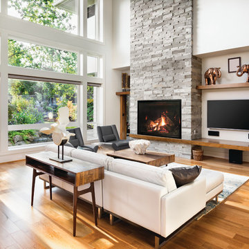 Light Living Room with Large Fireplace