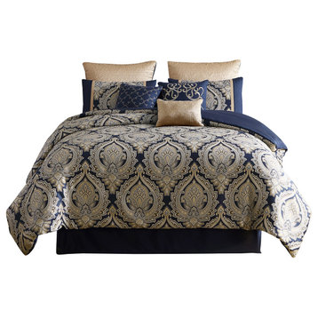 Benzara BM283873 Polyester Queen Comforter Set, Gold Damask Print, Navy Blue