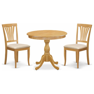 3 Pc Dining Set, 1 Table, 2 Oak Dinning Chairs, Slatted Back, Oak Finish