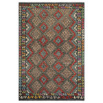 Bareens Designer Rugs - Rustic Turkish Kilim Sonia Hand-Woven Wool Rug - 6'8'' x 9'9'' - Elevate the elegance of your home with this stunning hand-woven tribal Kilim wool rug. Meticulously crafted on a loom by the Nomad Turkman people using hand-spun wool and 100% natural vegetable dyes, these rugs are recognized for their repetitive geometric patterns, incorporating naturalistic floral and traditional designs. The contemporary fashion palette results in bold, sharp patterns that are incredibly versatile, as the pattern is the same on both sides. These reversible rugs feature a lighter shade on one side and brighter colors on the other, providing versatility according to preference. These unique rugs are made by knotting short strands of different colors onto the warps and securing them by tightly pressing the wefts. The designs are created by interweaving the various colored wefts and warps. Kilims are known for their exceptional durability and versatility, making them truly unique rugs.  Product Details    Rug Size: 6'8'' x 9'9''  Material: 100% Wool  Style: Kilim, Flat Weave, Dhurrie, Turkish, Southwestern, Rustic, Tribal  Colors: Grey, Green  Weave Type: Hand-Woven, Handmade  Pile Height: Less than 0.25 inch