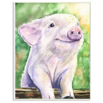 Baby Pig Animal Green Watercolor Painting, 10"x15"